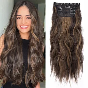 Clipe sintético longo ondulado feminino de alta temperatura, extensão de cabelo sintético, 4 peças, clipe longo, macio, ondas glam, grosso