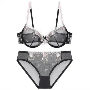 Floral Embroidery Sheer Mesh Lingerie Set Women Underwire Bra Panty Set Romantic Lace Intimate Sleepwear For Dating Night