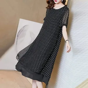 Abito estivo in chiffon di fascia alta con maniche corte che copre la pancia 2026 Abito lungo da donna lungo in stile francese con punto allentato di grandi dimensioni