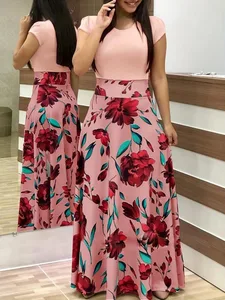 2024 Jurk met bloemenprint, bijpassende kleur en korte mouwen in Europese en Amerikaanse stijl voor grote swingrok voor dames