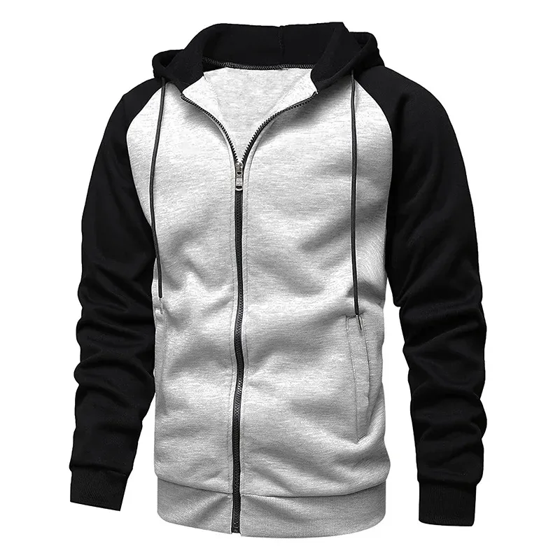 Fleece-hættetrøjer til mænd Langærmede sweatshirts til mænd Lynlås-hætte til mænd Mode farveblokerende sweatshirt Slim Fit jakke