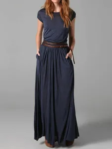 Femmes élégantes couleur unie col rond robe Maxi solide avec poches jupe longue robes à manches courtes bureau dame Maxi robes