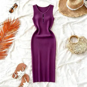 Women's Solid Summer Blue Pink Midi Dress Sleeveless Stretchy Knit Ribbed Keyhole Cutout Bodycon Sundress Party Vacation Dress