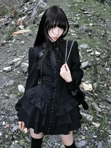 Gothic Vintage δαντέλα Y2k Μίνι Φόρεμα Γυναικείο Σχέδιο Streetwear Μαύρο Lolita Slim Φόρεμα Μακρυμάνικο Κομψό Φόρεμα Πικάντικο Κορίτσια