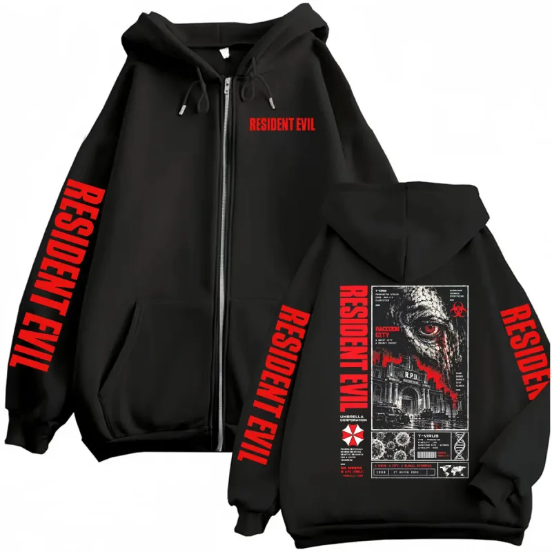 Vintage Resident Evil T-virus Horror Gaming Zip Up Hoodies Pria Wanita Harajuku Gothic Fashion Jaket Kaus Mantel Pakaian Jalanan