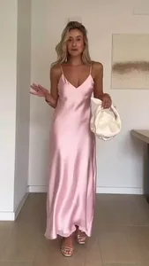 Women Off Shoulder Pink Satin Maxi Dresses Fashion Sleeveless Backless Bodycon Hollow Out Gowns Female Evening Party Robes 2025
