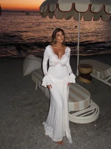 Robe Maxi blanche élégante à manches longues, décolleté en v profond, coupe cintrée, dentelle froncée, Patchwork, taille haute, robe de soirée de mariage, Sexy
