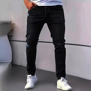 Jean rétro américain pour hommes, coupe ajustée, troué, extensible, fermeture éclair, décontracté, Streetwear, pantalon en Denim, classique, noir, bleu, Slim