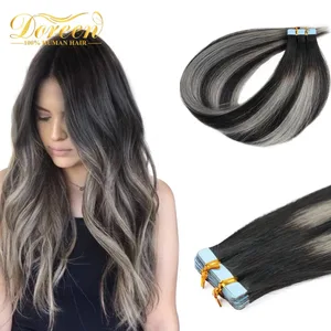 Doreen European Real Remy Human Hair Tape In Extensions 16 έως 24 Inch 20Pcs 50g PU Seamless Balayage Silver Grey Hair Black Root