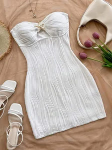 Pambabaeng Summer Sexy Party Date Beach Dress Texture Hollow out Mini Skirt na may Metal Starfish Dekorasyon Nilagyan At Kaakit-akit Wh