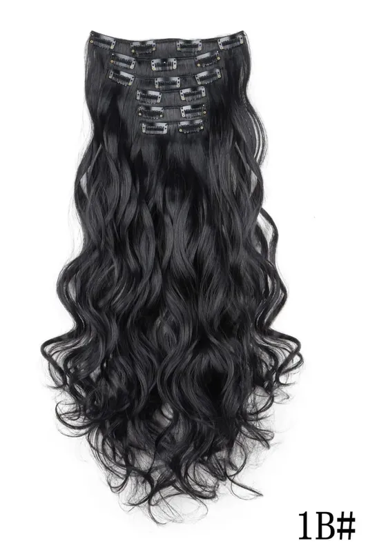Synthetic 18Inch 16Clips Long Curly Hair Extension Heat Resistant Hair Extension Clips In Ombre Black Brown Blond Women Cosplay