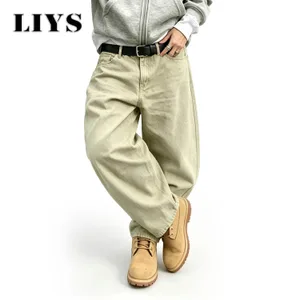 Pantalones vaqueros curvos de pierna ancha de color caqui claro Retro americano para hombre, pantalones de trabajo lavados de tubo recto sueltos, moda de venta al por menor, versátiles