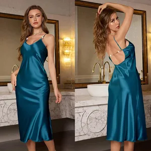Womens Satin Nightgown Sexy Lingerie Sleepwear Spaghetti Strap Cowl Neck Elegant Long Slip Satin Silk Midi Eatable Lingerie