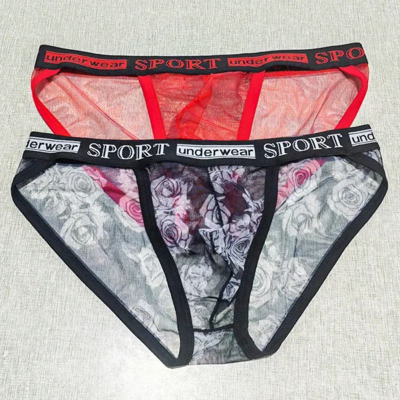 1pc Men Rose Printed Briefs High Fork Perspective Underwear Sexy Mesh Sheer Panties Makahinga Kumportable Underpants