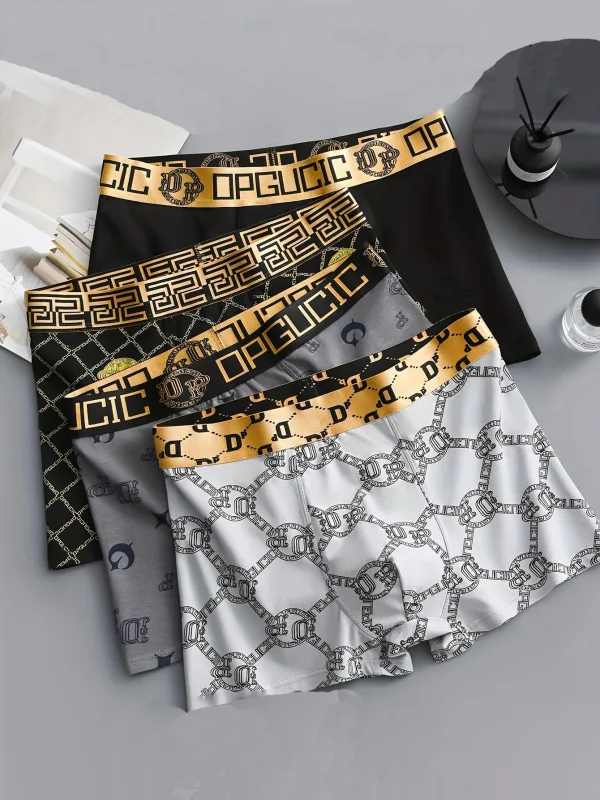 Ropa interior de esquina plana con estampado de lujo para hombre, cinturón dorado, ropa interior cómoda, suave y transpirable, pantalones de boxeo juvenil, 4 Uds.