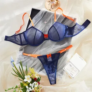 Kadın İç Giyim Lacivert Şeffaf Örgü İç Giyim Çelik Yüzükler Sütyen Turuncu Yay Thongs 2 Adet Seksi İç Giyim Kontrast Renk Intimates