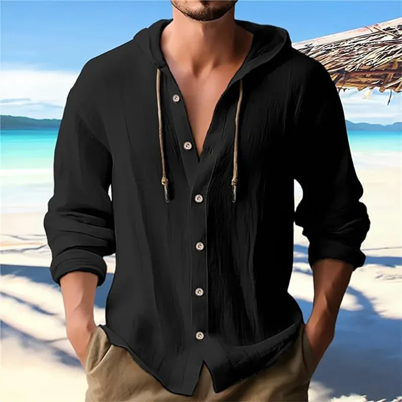 Chemise décontractée de couleur unie pour hommes, Cardigan à capuche avec cordon de serrage en coton et lin, T-Shirt de plage ample tendance et polyvalent