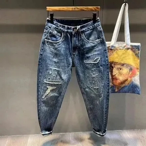 Koreansk luksustøj vasket Vintage Ripped Dad Jeans til mænd Løse lige ben Casual Streetwear Forår Efterår Cargo Bukser