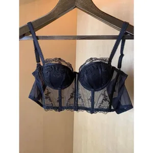 Elegante francês retro bordado renda meia xícara longo bustier conjunto de sutiã moldar push up suporte feminino lingerie diária kit