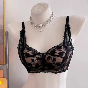 セкиーな สตรี Halter Bow Lace Brassiere ผ้าลูกไม้นุ่มเบาะ Push Up ไม่มี Underwire ชุดชั้นในนุ่มหน้าอกเล็กทุกวันทุกวัน'