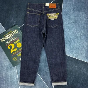 Jeans Denim Tepi Tenunan Merah Muda Kualitas Tinggi 16Oz untuk Pria Celana Katun Dicuci Celana Panjang Lurus Tebal Keras Antik Amerika Biru Mentah