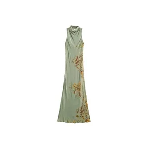 2026 roupa minimalista feminina elegante meia gola alta ajuste fino sem mangas sem costas plissado impresso sexy festa clube maxi vestido
