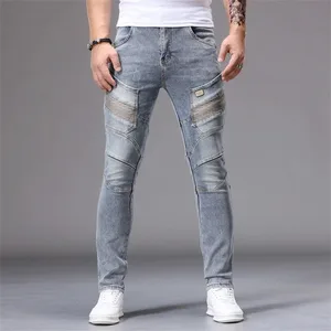 Heren patchwork skinny gescheurde jeans modebroek elastische slanke biker denim broek hiphop rock Amerikaanse streetwear