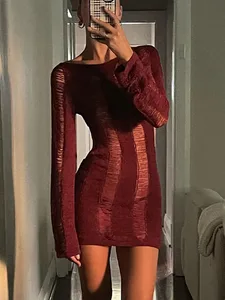 Puloru Rochie scurtă tricotată sexy cu decupaj, primăvară vară 2022, fără spate, cu mânecă lungă, cu gât rotund, mini rochii învelite, îmbrăcăminte de stradă, solid