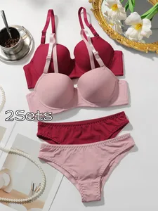 Conjunto de sutiã acolchoado com armação feminina, 2 pacotes, sutiã push up sólido com calcinha combinando, lingerie sexy e confortável para o dia a dia