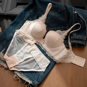 Biancheria intima per giovani donne in pizzo a 4 colori, senza filo, in cotone addensato, push up, per raccogliere comodi intimi, reggiseno e mutandine per ragazze