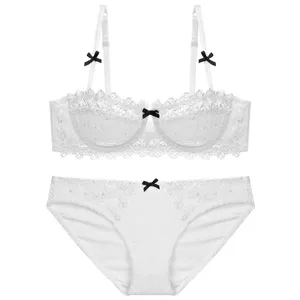 high quality sexy lace women bras and brief two piece set push up A B C D half cup wire summer lingerie underwear black blue red
