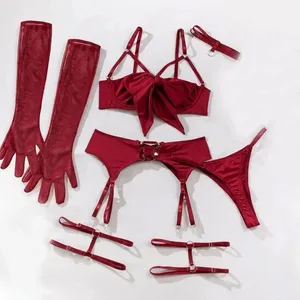 Phụ Nữ 4 Bộ Đồ Lót Ren Gợi Cảm Rỗng Ra Tập Hợp Push Up Bra Nơ Trang Trí Dây Lưng Đen Phù Hợp Với Quần Lót Ngủ váy Ngủ