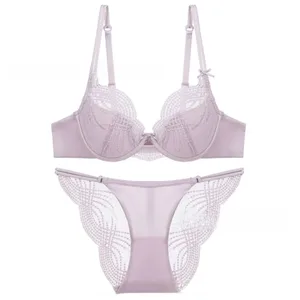 Hollow Thin Cup Women Lingerie Set Seamless French Style Lace Embroidery Lingerie Silk Satin Push Up Bra Set Women Intimates