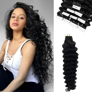 Páska s hlubokými vlnami v prodloužení 100% lidské vlasy Páska s hlubokými kudrnatými vlasy na prodloužení vlasů Skin Weft Remy Natural Hair Extensions #1B