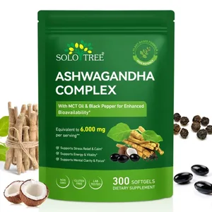 Solo Tree Ashwagandha 복합 소프트젤은 MCT 오일과 흑후추 300 소프트젤로 스트레스 완화를 지원합니다. 차분한 정신 선명도 집중