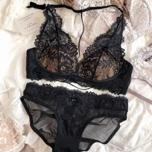 Sexy Lace Embroidery Women Lingerie Set French Thin Cup Halter Bikini Bra High Quality Push Up Bralette Backless Underwear Set