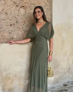 Dámské Jednobarevné Hluboké Dlouhé šaty Síťovina s výstřihem do V Elegantní Nabíraný Krátký rukáv Narvaný pas Vysoké Vestidos 2026 Léto Dáma Neformální Street Robe