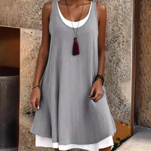 Rochie de vară pentru femei, ocazional, fără mâneci, fals, rochii largi, în două piese, pentru femei, cu gâtul în formă de O, la birou, pentru vacanță, rochie de petrecere pe plajă, nou