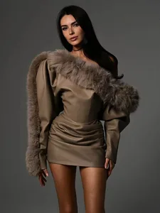 Kliou Faux Leather Mini Dresses Babae Furry Patchwork Skew Collar Full Sleeve Backless High Waist Street Fashion Classic Bodycon
