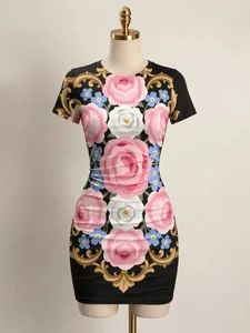 Womens Short Sleeve Bodycon Mini Dress Slim Fit Crew Neck Floral Print Casual Summer Party Cute Elegant Smooth Vacation Sundress