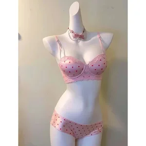 Set Lingerie Renda Hati Gadis Manis Bra Push Up untuk Celana Bra Underwire Anti Kendur Penopang Sisi Dada Kecil Pakaian Sehari-hari Lembut 32-38AB