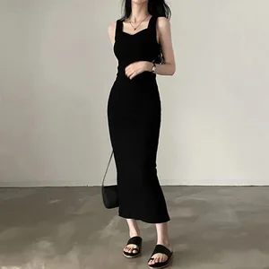 Myufon Basic kötött hosszú ruha koreai divat, négyzet alakú galléros, ujjatlan női ruhák nyári alkalmi Y2k Vintage, összhangú ruhák