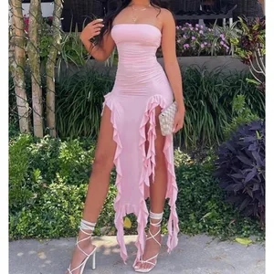Frauen Liebsten Sexy Floral Falten Saum Hohe Schlitz Mini Kleid 2024 Solide Backless Ärmelloses Schwarz Und Rosa Party Kleid Vestidos