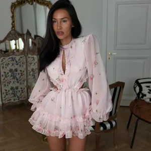 Floral Gedruckt Backless Mini Kleid Frauen Elegante O Neck Langarm Rüschen A-linie Kleider Sommer Chic Weibliche Urlaub Vestido