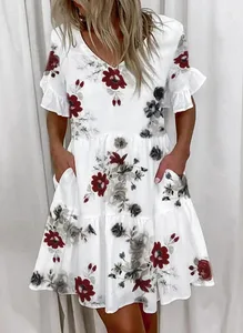 Dámské Letní šaty Ležérní Výstřih do V Krátký rukáv Motýlí rukáv Květinové Minišaty s listovým potiskem Vestidos YSX9032