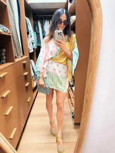 Gaun Mini Balutan Kimono Cetak Paisley Blok Warna Bohemian Gaun Pendek Kasual Penutup Pantai Lengan 3/4 Leher V Wanita Musim Panas 202