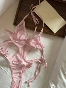 Sexy one-piece halter lingerie hanging neck pink breathable thin bodysuit women bra large size underwear